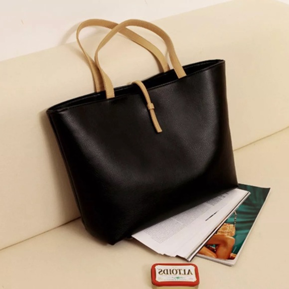 Handbags - BIG BLACK FAUX Leather TOTE BAG LARGE TAN HANDBAG